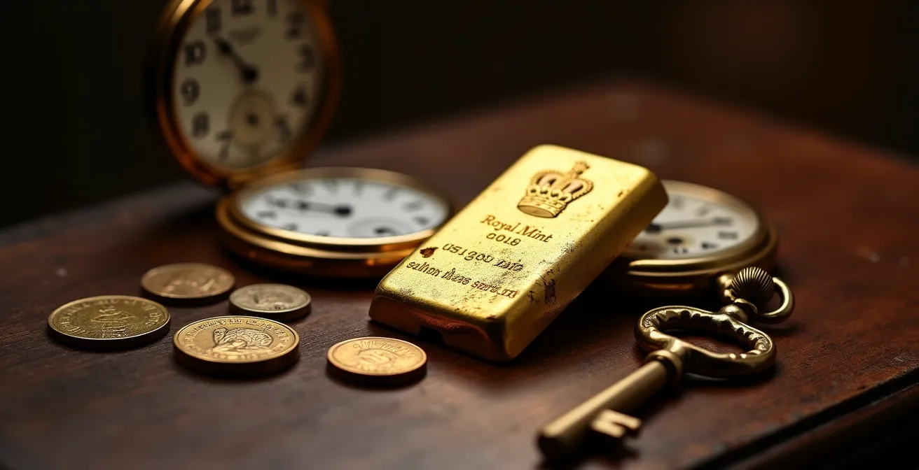 Royal Mint cast gold bar showing British hallmarks and traditional vault setting in London