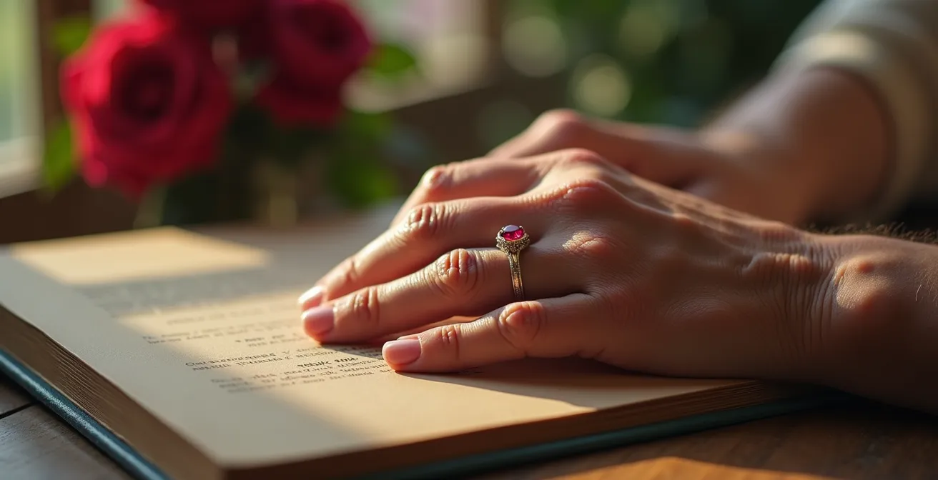 Elegant ruby anniversary ring held by a mature couple's hands against an English garden backdrop