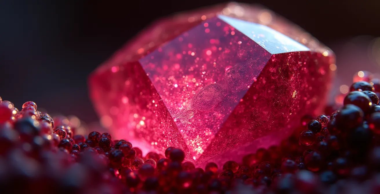 Microscopic view of silk inclusions in a Burmese ruby creating internal glow