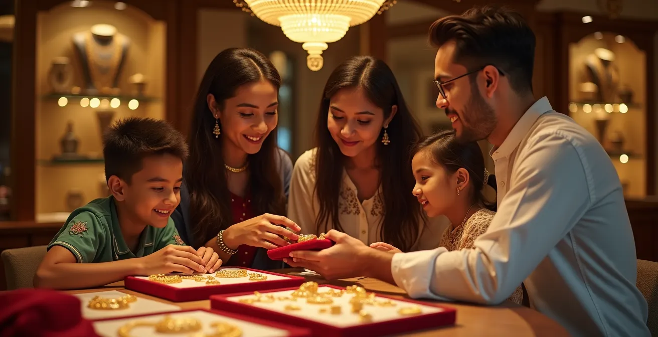 Wide shot of a British Asian jewellery shop during festival season with warm golden lighting