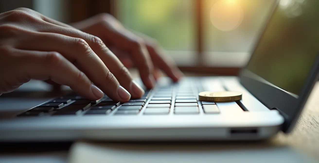 Close-up of hands verifying gold dealer credentials on a laptop with security certificates visible