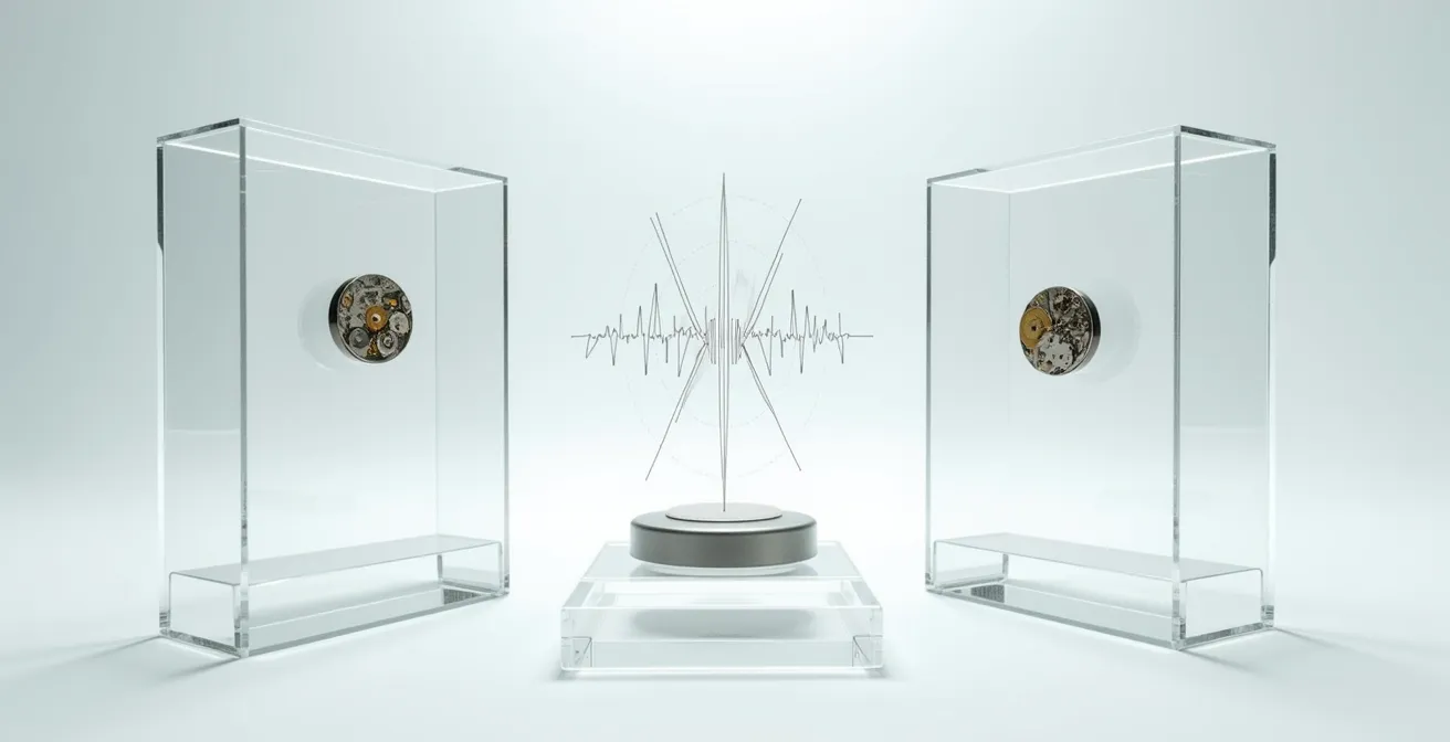 Macro view comparing silicon and traditional hairspring coils in watch movement