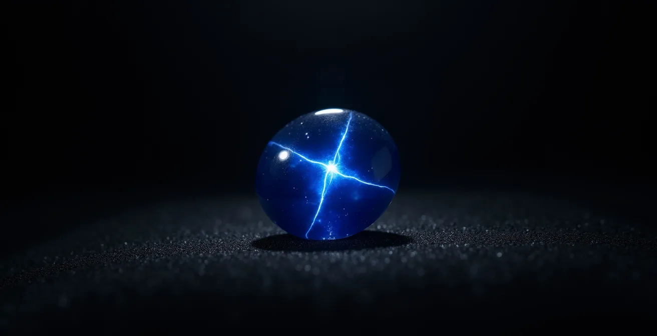 A deep blue star sapphire cabochon displaying a perfect six-ray asterism under a single spotlight.