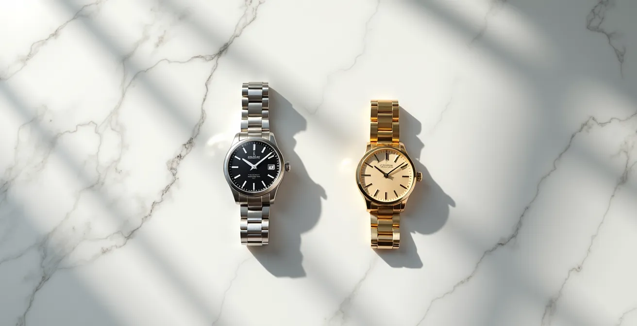 Steel sports watch and gold dress watch arranged as opposing investment philosophies