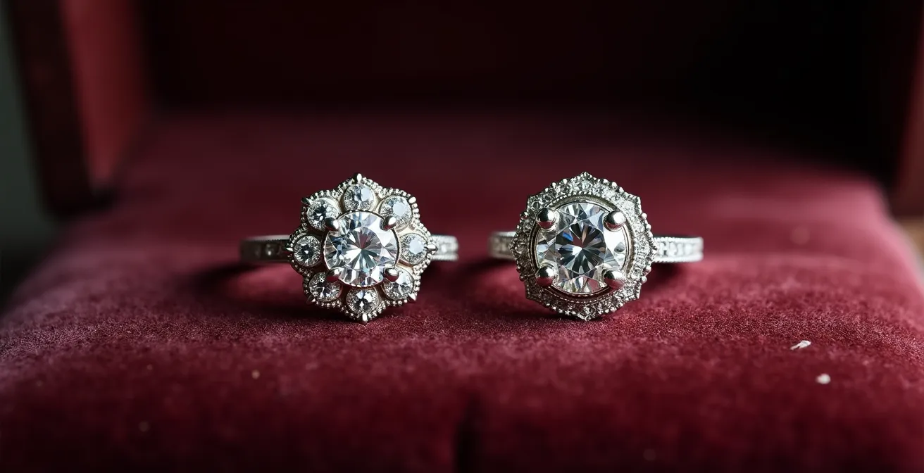 Comparison of Georgian cluster ring and modern halo setting showing design continuity