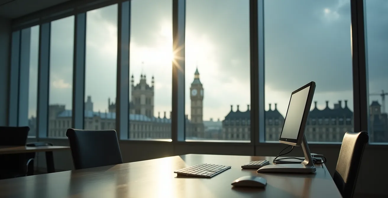 UV rays penetrating through cloudy sky and office window onto indoor workspace, showing invisible radiation exposure