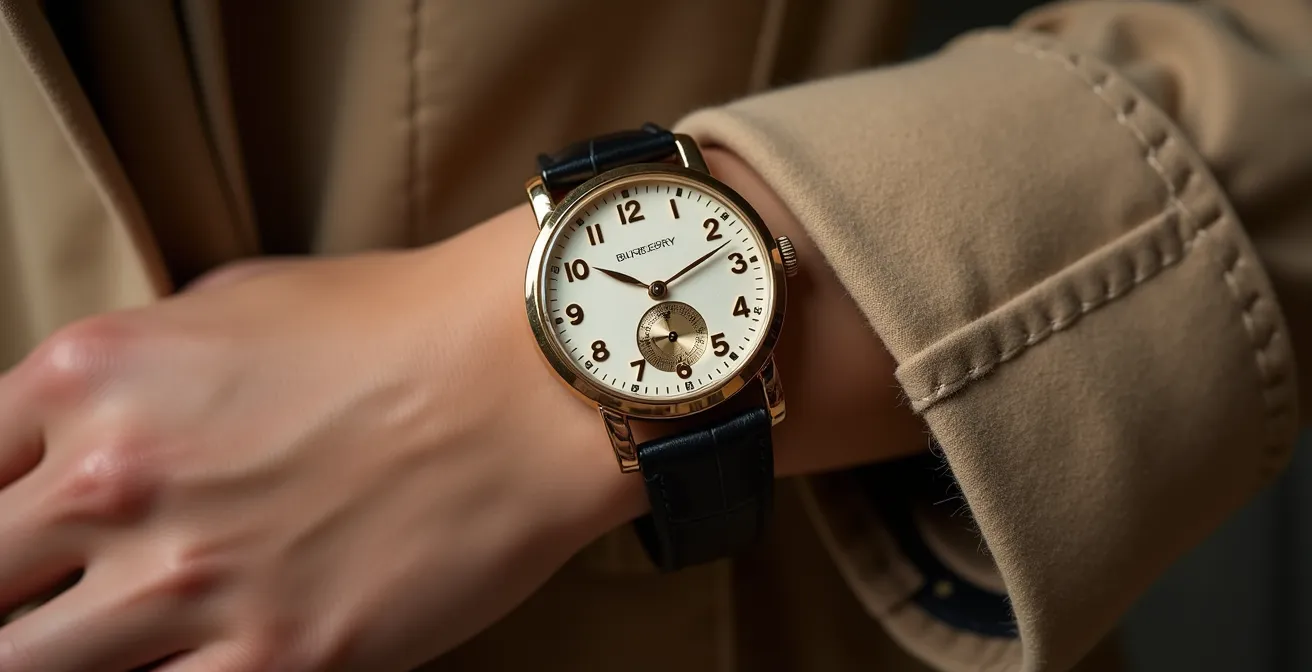Delicate vintage watch contrasting with modern British tailored outfit