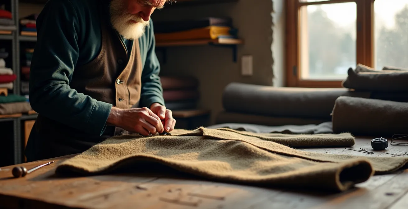 Vintage Harris Tweed overcoat being carefully deconstructed on tailor's table