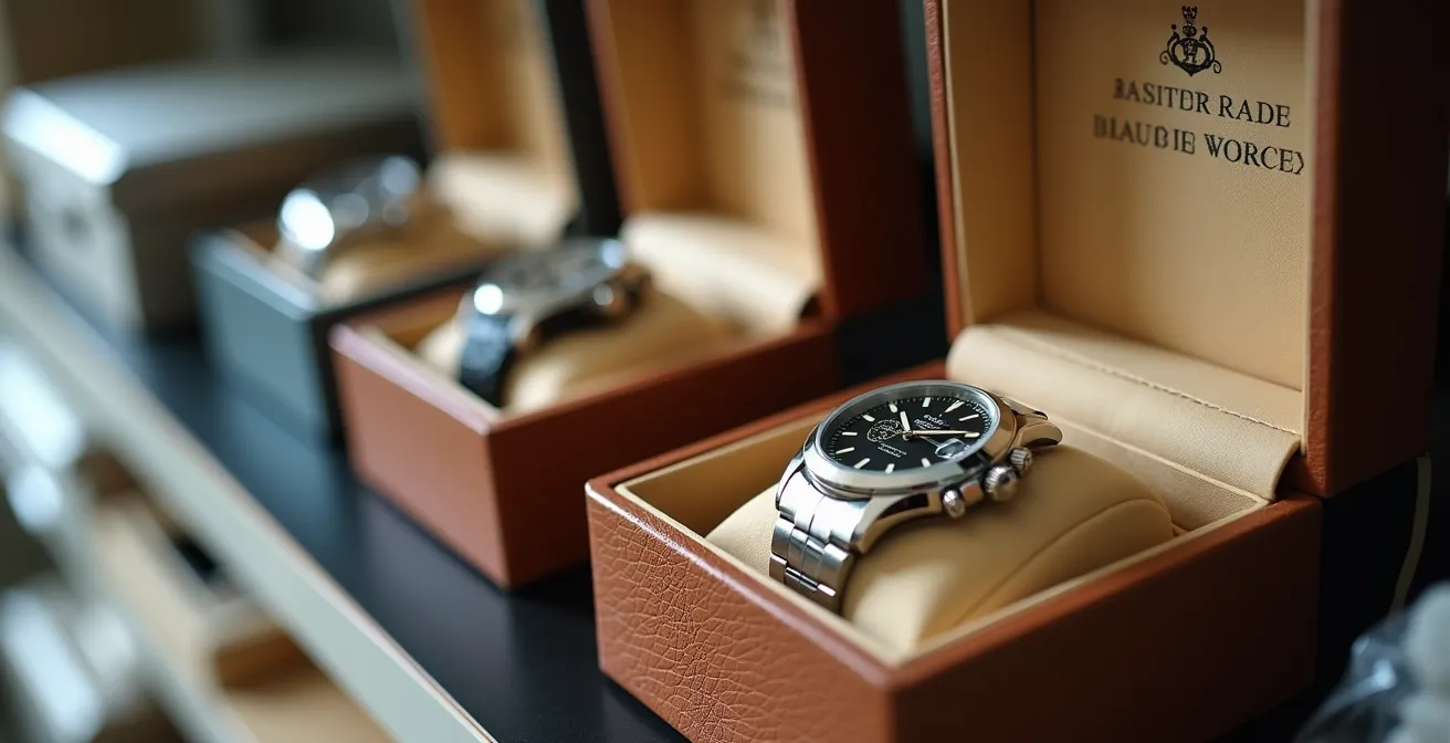 Original watch boxes stored in vacuum-sealed bags with desiccant packets for humidity protection