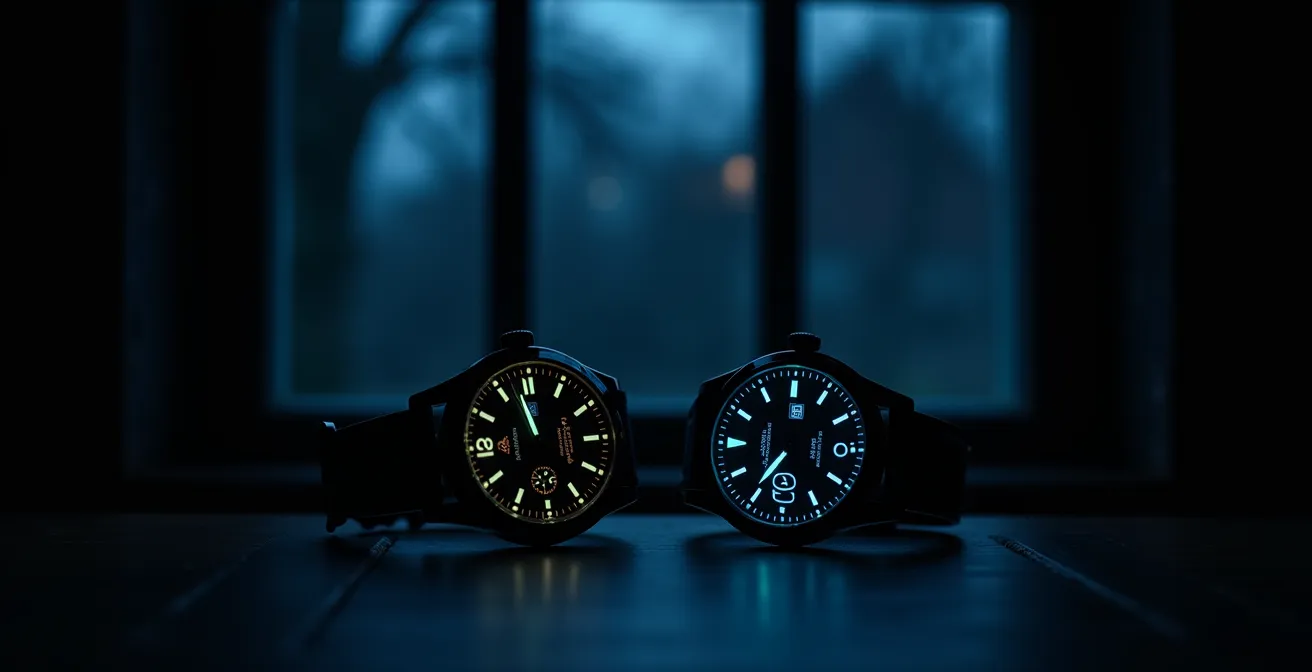 Split comparison of watch luminescence in pre-dawn darkness