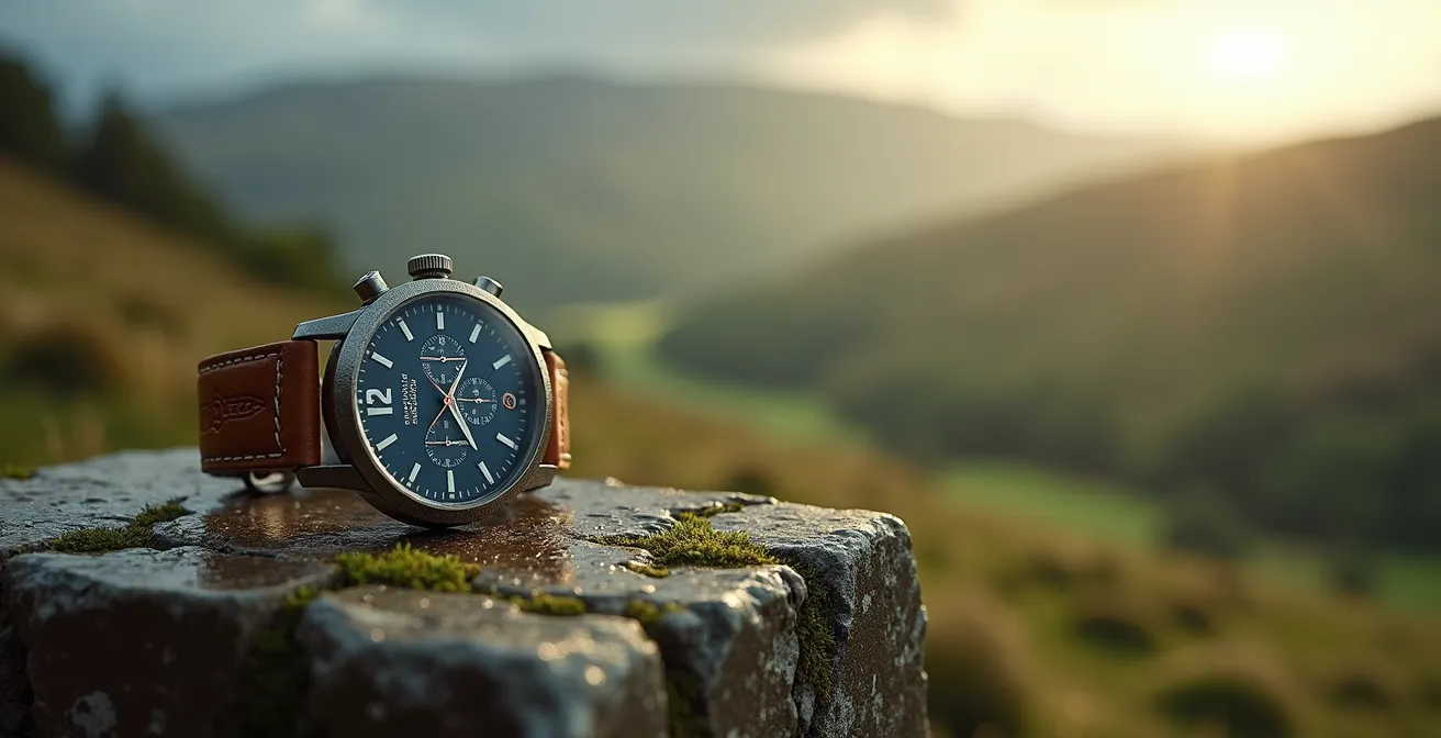 Watch movement components shown against backdrop of changing British weather conditions