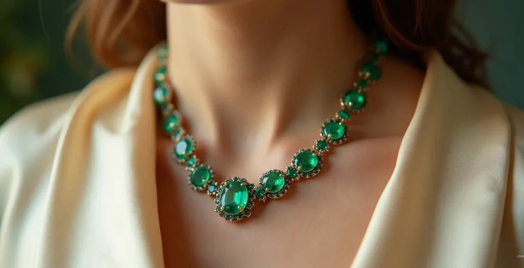 Close-up of emerald necklace with complementary minimal earrings Close-up of emerald necklace with complementary minimal earrings
