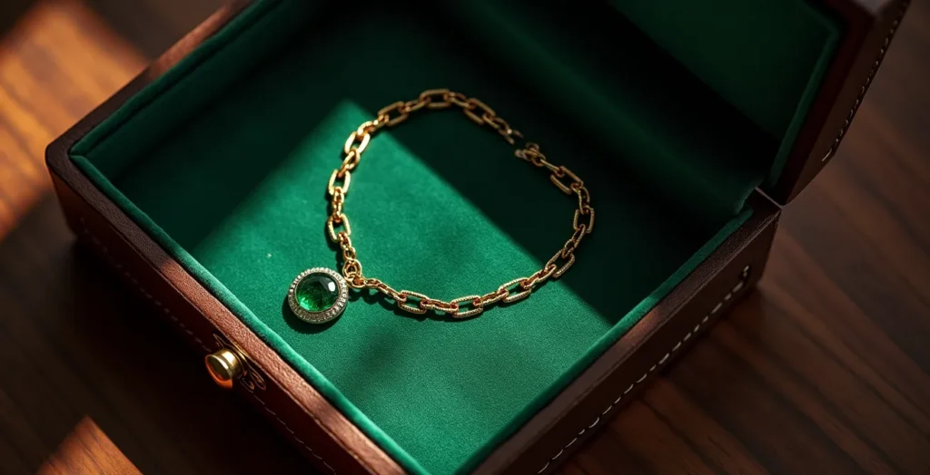 Emerald necklace properly stored in compartmentalized jewelry case Emerald necklace properly stored in compartmentalized jewelry case